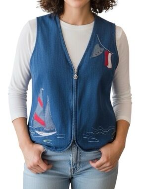 Vintage Vest Jean Allison Daley Petite Denim Nautical Sailboat Applique XL